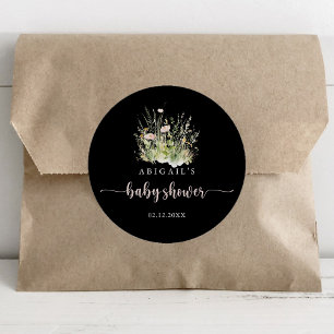 Greenery Boho Wildflower Black Baby Shower Favour Classic Round Sticker