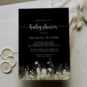 Greenery Boho Wildflower Black Baby Shower Invitation