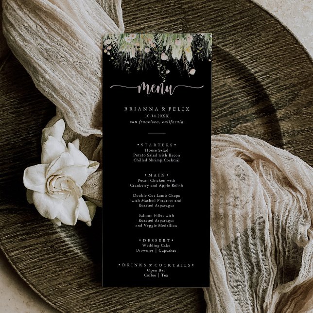 Greenery Boho Wildflower Black Dinner Menu (Creator Uploaded)