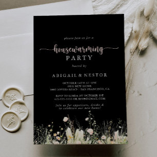Greenery Boho Wildflower Black Housewarming Party  Invitation