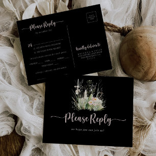 Greenery Boho Wildflower Black Menu Choice RSVP Postcard