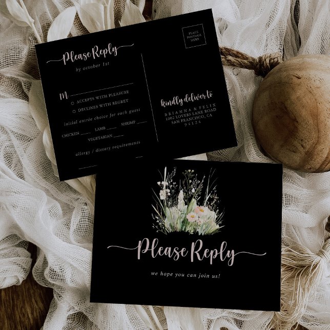 Greenery Boho Wildflower Black Menu Choice RSVP  Postcard (Creator Uploaded)