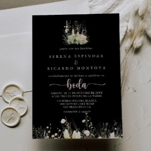 Greenery Boho Wildflower Black Spanish Wedding  Invitation