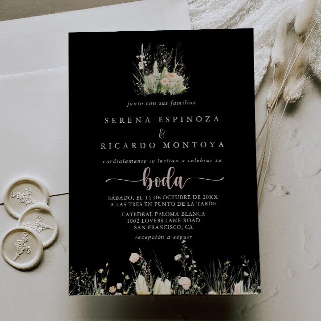 Greenery Boho Wildflower Black Spanish Wedding  Invitation (Creator Uploaded)