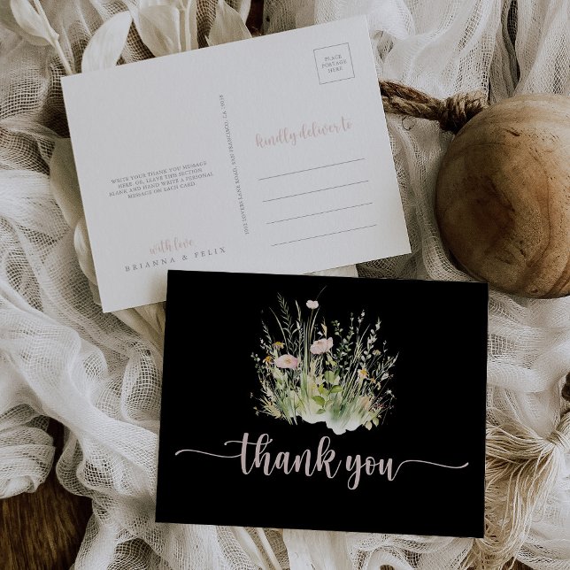 Greenery Boho Wildflower Black Thank You Postcard (Creator Uploaded)