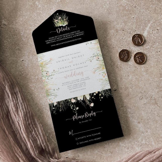Greenery Boho Wildflower Black Wedding   All In One Invitation (Creator Uploaded)