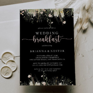 Greenery Boho Wildflower Black Wedding Breakfast Invitation