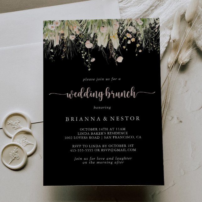 Greenery Boho Wildflower Black Wedding Brunch  Invitation (Creator Uploaded)