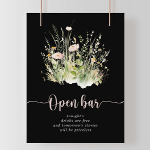 Greenery Boho Wildflower Black Wedding Open Bar Poster