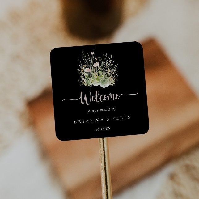 Greenery Boho Wildflower Black Wedding Welcome  Square Sticker (Creator Uploaded)