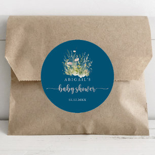 Greenery Boho Wildflower Navy Baby Shower Favour Classic Round Sticker