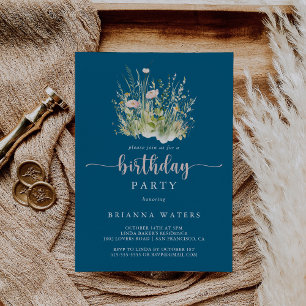 Greenery Boho Wildflower Navy Birthday Party Invitation