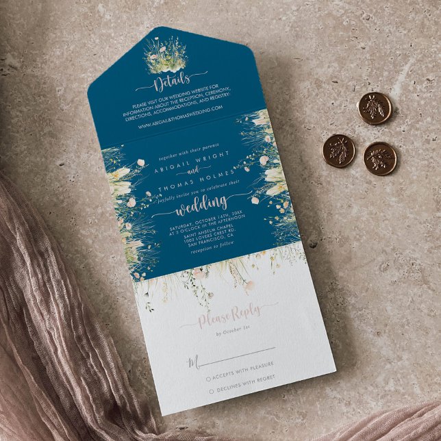 Greenery Boho Wildflower Navy Blue Wedding   All In One Invitation (Creator Uploaded)