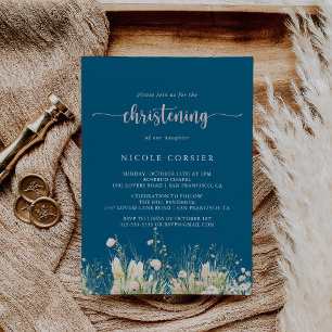 Greenery Boho Wildflower Navy Christening  Invitation