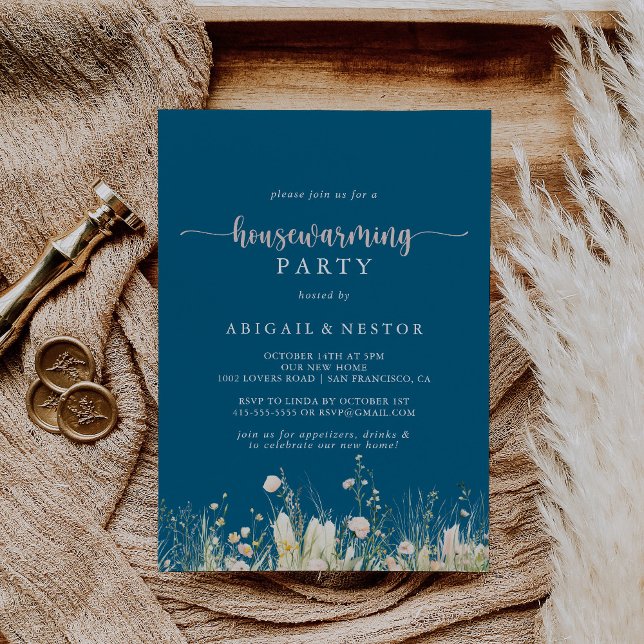 Greenery Boho Wildflower Navy Housewarming Party  Invitation (Creator Uploaded)