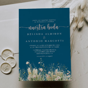 Greenery Boho Wildflower Navy Nuestra Boda Wedding Invitation