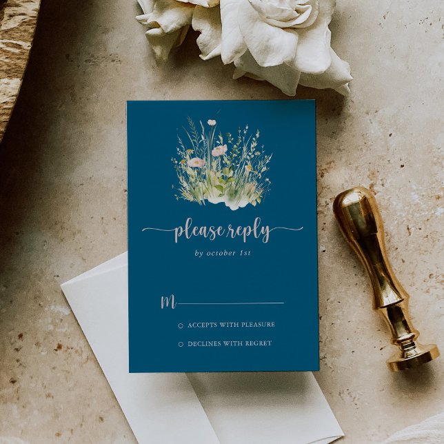 Greenery Boho Wildflower Navy RSVP Card (Creator Uploaded)
