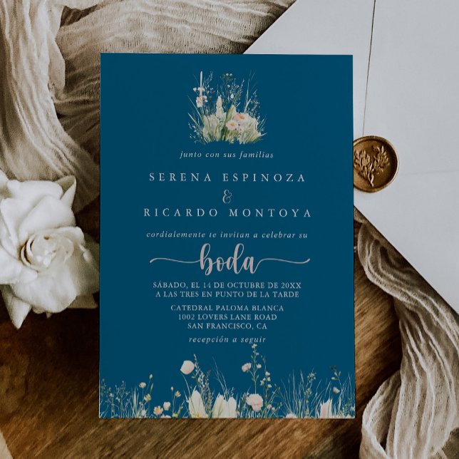 Greenery Boho Wildflower Navy Spanish Wedding  Invitation (Creator Uploaded)