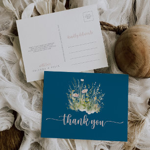 Greenery Boho Wildflower Navy Thank You Postcard