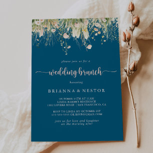 Greenery Boho Wildflower Navy Wedding Brunch  Invitation