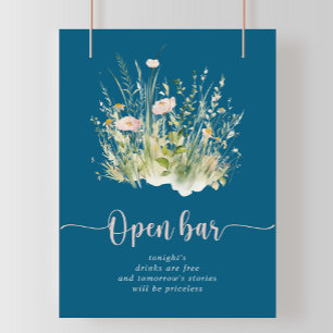 Greenery Boho Wildflower Navy Wedding Open Bar Poster