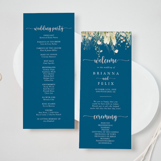 Greenery Boho Wildflower Navy Wedding Program (Creator Uploaded)