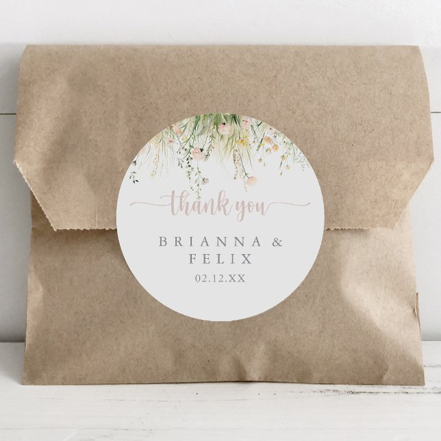 Greenery Boho Wildflower Thank You Wedding Favour  Classic Round Sticker (Creator Uploaded)