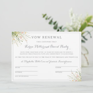 Greenery Boho Wildflower Vow Renewal Certificate Invitation