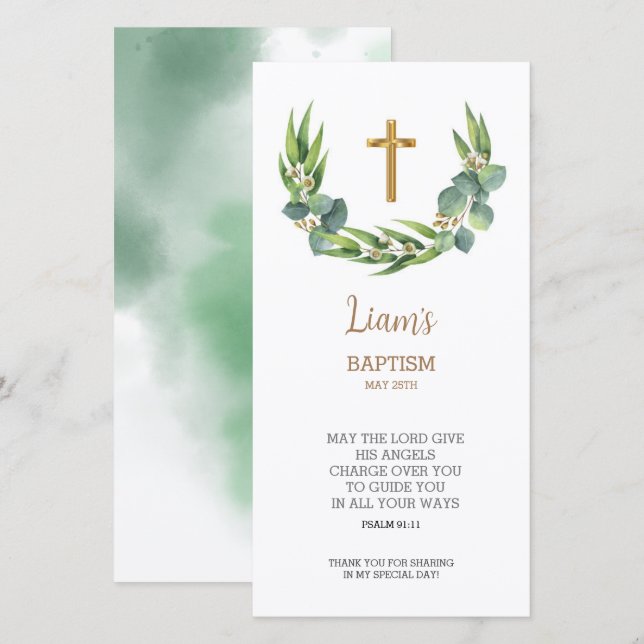 Greenery Bookmark Thank You Card, Baptism Favour Card (Front/Back)