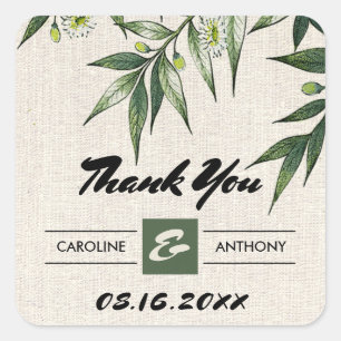  Greenery Botanical Burlap Wedding Thank You  Square Sticker