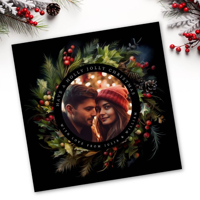 Greenery Botanical christmas photo black square Holiday Card (Creator Uploaded)