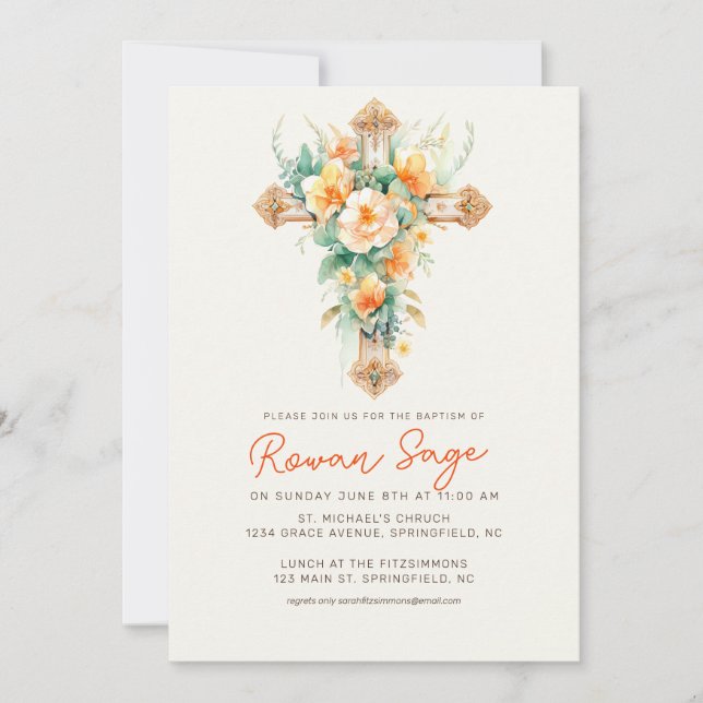 Greenery Botanical Cross Baptism Invitation (Front)