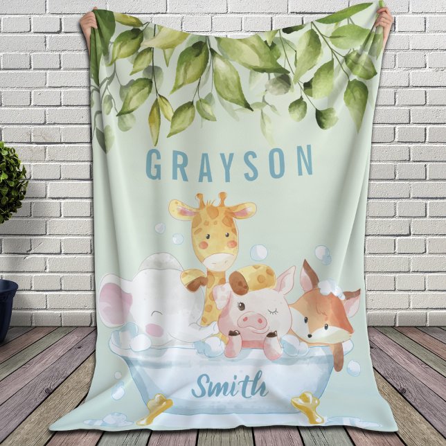 Greenery Botanical Cute Baby Animals in a Tub Sherpa Blanket (Creator Uploaded)
