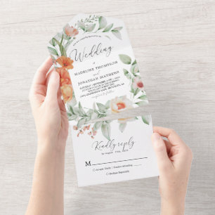 Greenery Botanical Floral Sage Green Peach Wedding All In One Invitation
