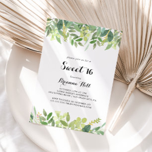 Greenery Botanical Foliage Sweet 16 Birthday Party Invitation