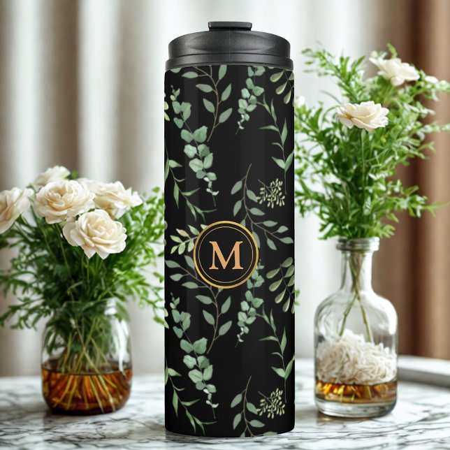  greenery botanical leaves pattern black  thermal tumbler (Creator Uploaded)