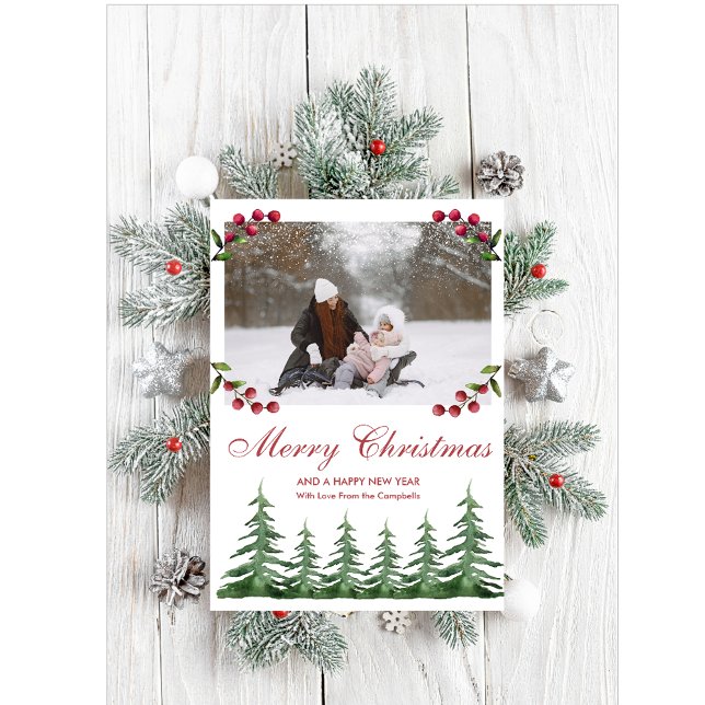 Greenery Botanical Pine Trees Snow Christmas Photo Holiday Card (Creator Uploaded)