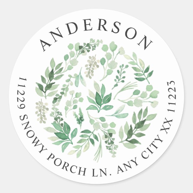 Greenery Botanical return address Classic Round Sticker (Front)