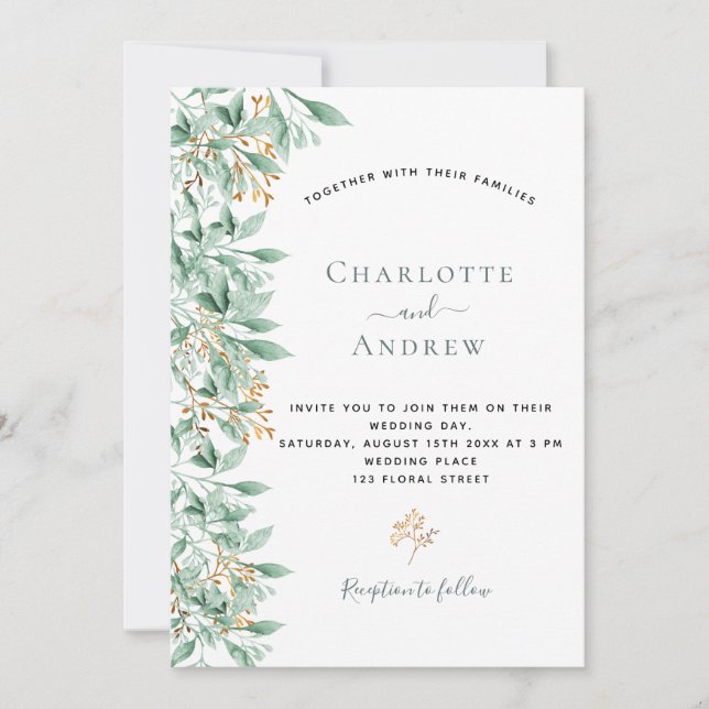 Greenery botanical sage green gold wedding invitation (Front)