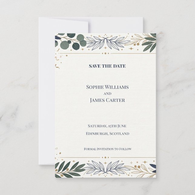 Greenery Botanical Save The Date Card (Front)