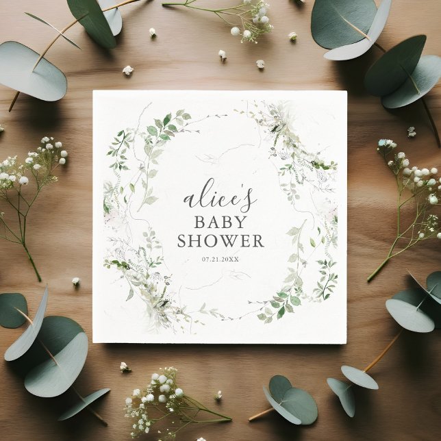 Greenery Botanical Script Baby Shower Napkin (Creator Uploaded)