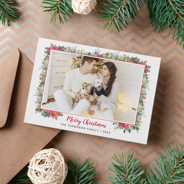 Greenery Botanical Script Photo Christmas  Holiday Card (Creator Uploaded)