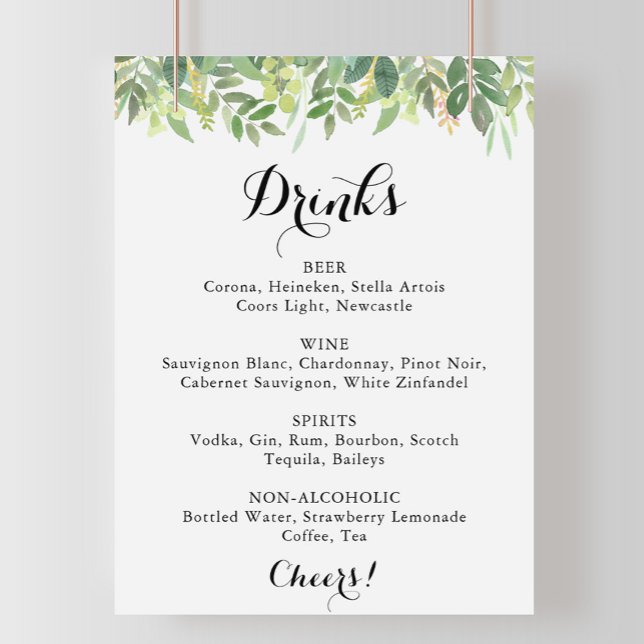 Greenery Botanical Wedding Drinks Menu Sign (Creator Uploaded)