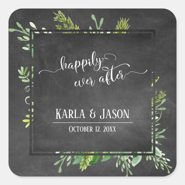 Greenery Bouquet Happily Ever After Chalkboard Square Sticker (Front)