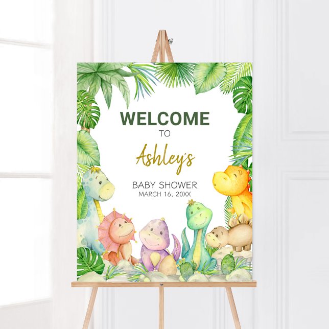 Greenery Boy Dinosaur Baby Shower Welcome Poster (Rawr! It's a Boy Dino Baby Shower Welcome Sign)