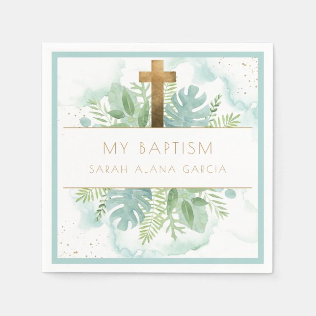 Greenery Boy/Girl Baptism Blue Mint Napkin (Front)