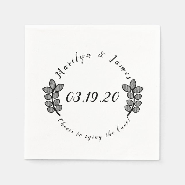 Greenery Branch Black White Wedding Logo Napkin (Front)