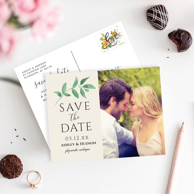 Greenery Branch Wedding Photo Save the Date Cream Announcement Postcard (Creator Uploaded)