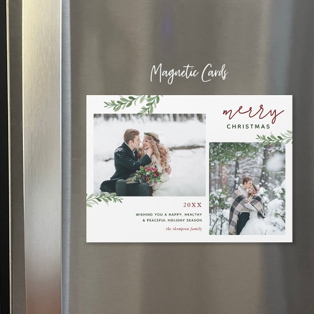 Greenery Branches 2 Photo Magnetic Christmas Card (Creator Uploaded)