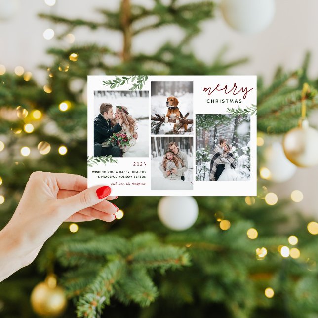 Greenery Branches 4 Photo Collage Holiday Card (Creator Uploaded)